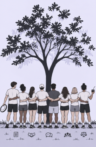 Ilustración de ocho jugadores de ultimate abrazados bajo un árbol